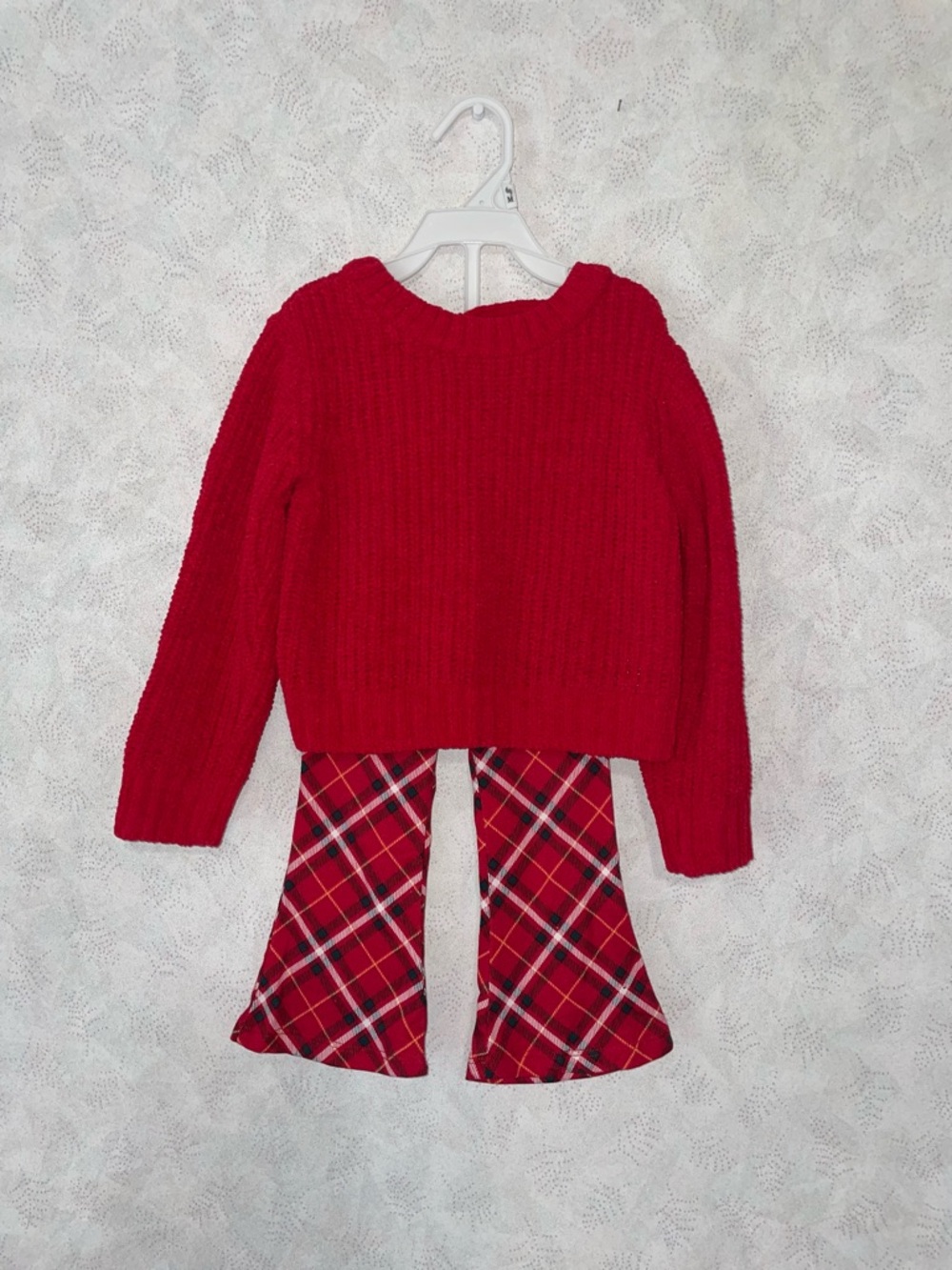 btween Red Knit Sweater with Red Plaid Flare Pants Kids Matching Set